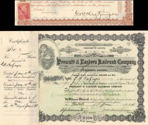 Prescott and Eastern Railroad Co. signed by George Washington Kretzinger - 1898 dated Autograph Arizona Stock Certificate - Part of the Atchison, Topeka and Santa Fe Railroad