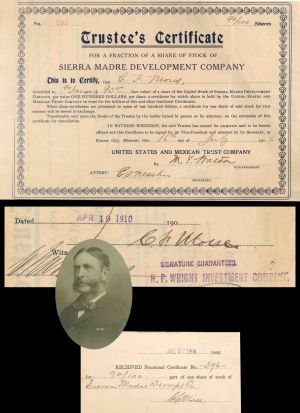 Sierra Madre Development Co. signed twice by C. F. Morse - 1906 dated Autographed Stock Certificate