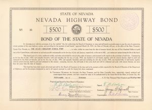 Nevada Highway Bond Signed by Governor T.B. Balzar twice - 1932 dated Autograph