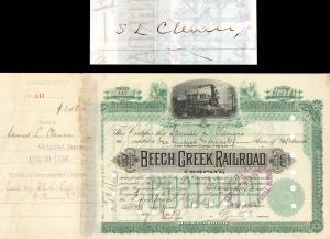 Issuesd to and Signed by Samuel Clemens aka Mark Twain - 1886 dated Beech Creek Railroad Stock Certificate - Autograph