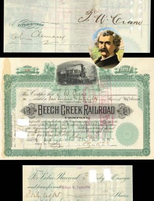 Beech Creek Railroad Co. signed by Samuel Clemens - Mark Twain -  1886-1889 dated Autographed Stock Certificate