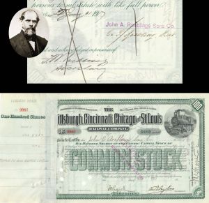 Pittsburgh, Cincinnati, Chicago and St. Louis Railway Co. issued to John A. Roebling's Sons Co. and signed by C.G. and F.W. Roebling - 1912 dated Autographed Stock Certificate