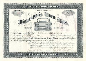 Minneapolis Linen Mills signed by Charles A. Pillsbury - 1891 dated Autographed Stock Certificate