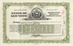 State of New York issued to (not signed) by Charles E. Hughes - 1921 dated $1,000 Bond