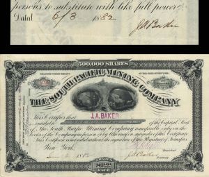 South Pacific Mining Co. Issued to and signed by J.A. Baker - 1882 dated Autographed Stock Certificate