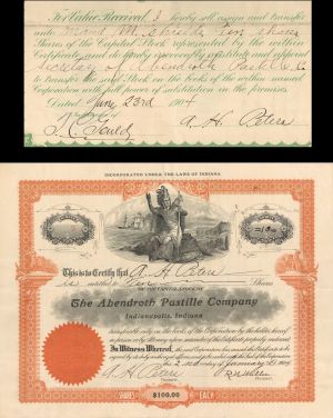 Abendroth Pastille Co. Issued to and Signed by A.H. Peters - 1904 dated Autographed Stock Certificate