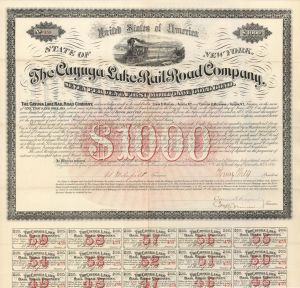 Cayuga Lake Rail Road Uncanceled $1,000 Bond signed by Henry Wells - 1871 dated Autograph Railway Gold Bond