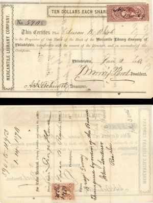 Mercantile Library Co. of Philadelphia signed by Thomas Morris Perot - 1864 dated Autographed Stock Certificate