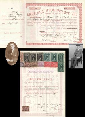 Montana Union Railway Co. signed by C.S. Mellen and Geo. H. Earl - 1898 dated Autographed Stock Certificate