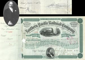 Northern Pacific Railroad Co. Signed by E.H. Harriman - 1882 or 1885 dated Autographed Stock Certificate
