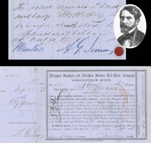 Michigan Southern and Northern Indiana Rail-Road Co. signed twice by Addison G. Jerome - 1855 dated Autographed Stock Certificate