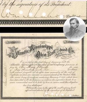 Atlantic, Mississippi and Ohio Railroad Co. signed by William Mahone - 1874 dated Autographed Stock Certificate