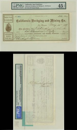 California Dredging and Mining Co. signed by C. E. Buckingham front and back - 1879 dated PMG graded Autographed Stock Certificate
