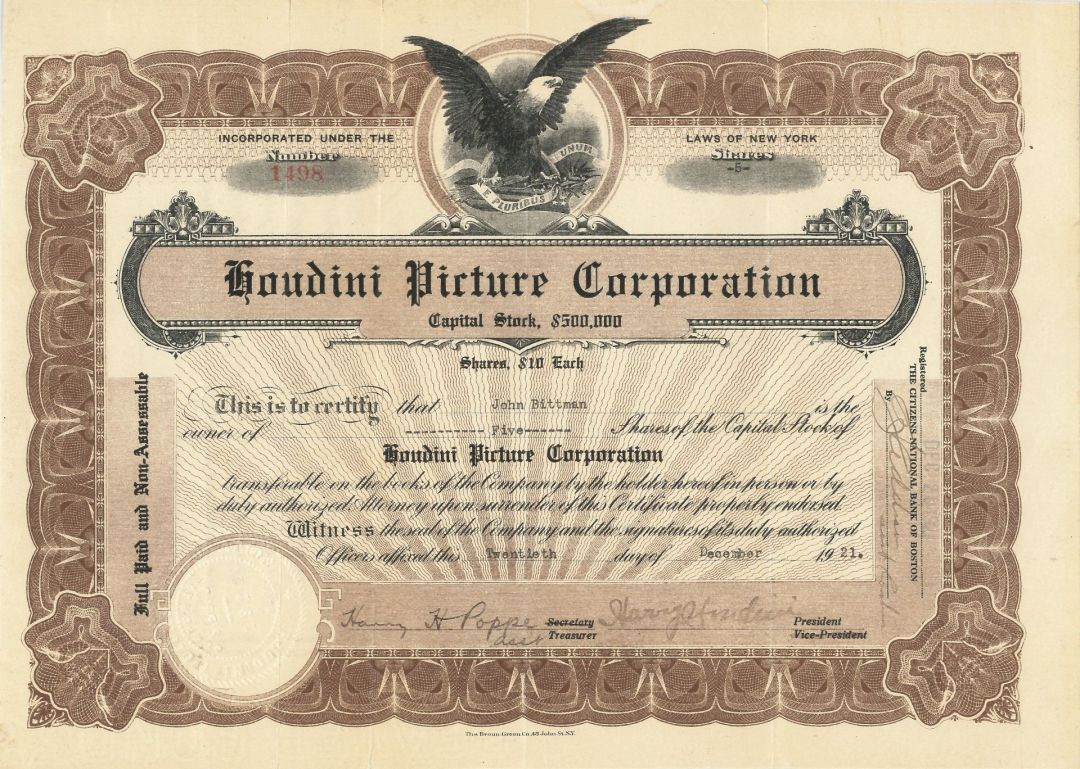 Houdini Picture Corporation Stock Certificate - signed by Harry Houdini