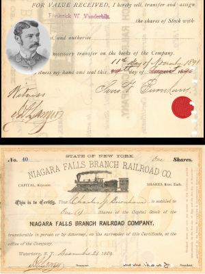 Niagara Falls Branch Railroad Co. transferred to Frederick W. Vanderbilt - 1889 and 1891 dated Stock Certificate