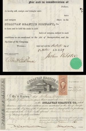 Sullivan Granite Co. signed by Joshua Webster twice - 1863 dated Autographed Stock Certificate