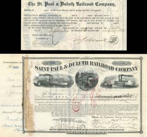 Saint Paul and Duluth Railroad Co. Signed by A. J. Drexel - 1885-1888 dated Autograph Stock Certificate