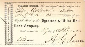 Syracuse and Utica Rail Road Co. signed by A. G. Jerome - 1853 dated Autographed Stock Transfer Receipt