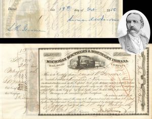 Michigan Southern and Northern Indiana Railroad Co. issued to and signed by Leonard W. Jerome and L.R. Jerome - 1856 dated Railway Stock Certificate