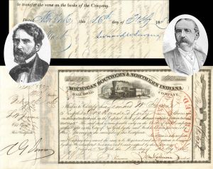 Michigan Southern and Northern Indiana Railroad Co. issued to and signed by Leonard W. Jerome and A.G. Jerome - 1856 dated Railway Stock Certificate