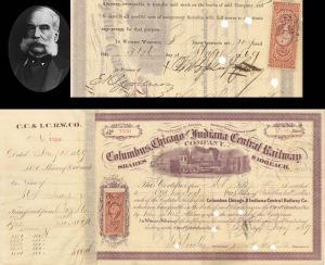 Columbus, Chicago and Indiana Central Railway Co. issued to and signed by M.K. Jesup - 1869 dated Autographed Stock Certificate