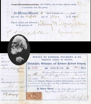 Philadelphia, Wilmington, and Baltimore Railroad Co. signed by Henry W. Longfellow  - 1868 dated Autographed Stock Certificate
