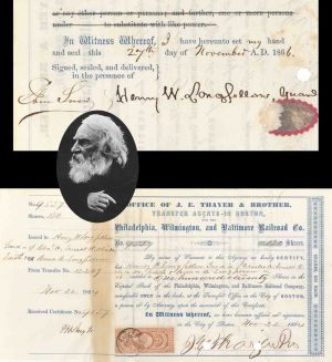 Philadelphia, Wilmington, and Baltimore Railroad Co. signed by Henry W. Longfellow - 1864 dated Autographed Stock Certificate 