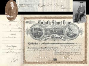 Duluth Short Line Railway Co. signed by C.S. Mellen and Geo. H. Earl - 1900 dated Autographed Stock Certificate