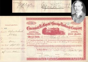 Cincinnati, LaFayette and Chicago Railroad Co. signed by Alfred H. Smith - 1914 or 1919 dated Autographed Stock Certificate