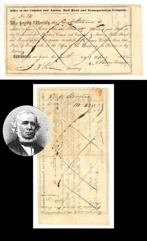 Camden and Amboy Rail Road and Transportation Co. issued to and signed twice by E. A. Stevens - 1832 dated Autographed Stock Certificate (Uncanceled)