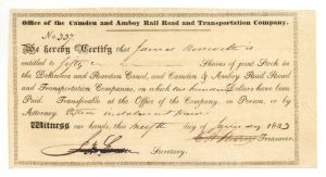 Camden and Amboy Rail Road and Transportation Co. issued to James Roosevelt and signed by E. A. Stevens - 1833 dated Autographed Stock Certificate (Uncanceled)