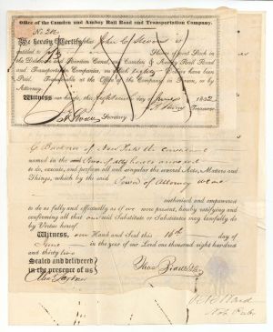 Camden and Amboy Rail Road and Transportation Co. issued to and signed twice by E. A. Stevens - 4 Documents - 1832 dated Autographed Stock Certificate (Uncanceled)