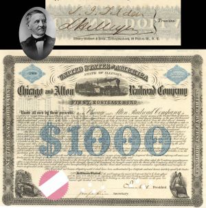 Chicago and Alton Railroad Co. signed by Samuel J. Tilden - 1862 dated $1,000 Bond