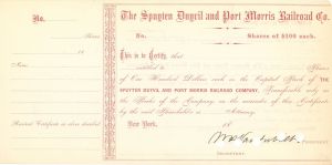 Spuyten Duyvil and Port Morris Railroad Co. signed by William H. Vanderbilt - Unissued Autographed Stock Certificate