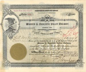 Warren and Ouachita Valley Railway signed by F.E. Weyerhauser - 1908 dated Autographed Stock Certificate