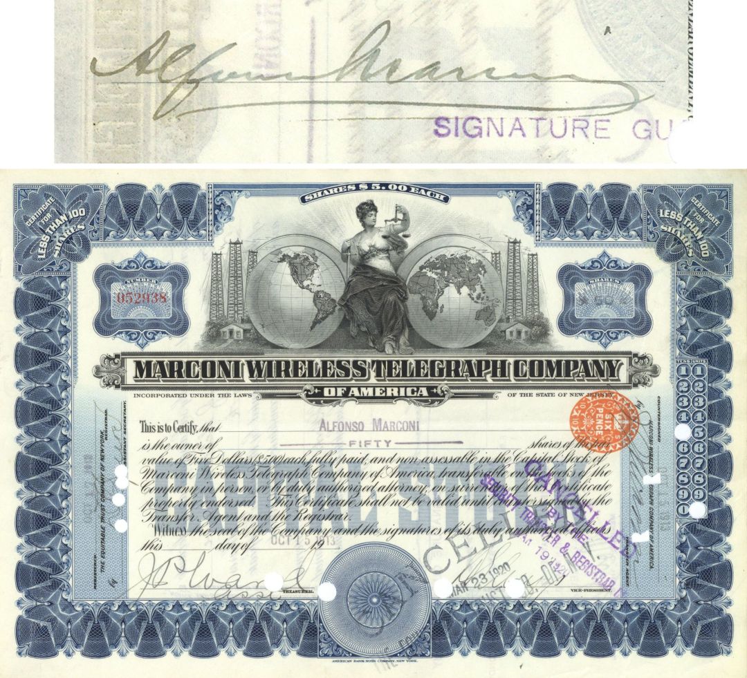 Marconi Wireless Telegraph Co. Issued to and signed by Alfonso Marconi - 1913 dated Autograph Stock Certificate - A Year After The Titanic Sinking