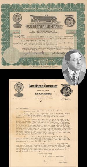 Pan Motor Co. signed by Samuel Pandolfo with Letter - 1918 dated Autographed Stock Certificate