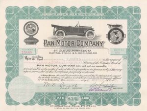 Pan Motor Co. signed by Samuel Pandolfo with signature crossed out - 1920 dated Autographed Stock Certificate