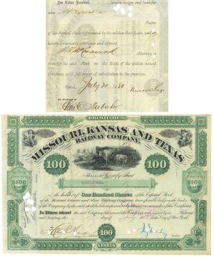 Jay Gould and Russell Sage signed Missouri, Kansas and Texas Railway Co. - "The Katy" - 1880 dated Railroad Autograph Stock Certificate