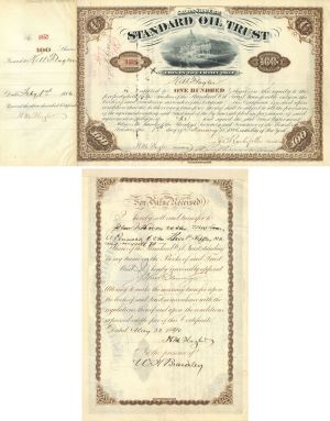 Standard Oil Trust issued to Henry Morrison Flagler - Signed Three Times - 1886 Autograph Stock Certificate - John D. Rockefeller, Benjamin Brewster, H. M. Flagler and W. H. Beardsley