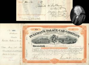Pullman's Palace Car Co. signed by Chief Justice Mellville W. Fuller - 1881 dated Autographed Stock Certificate