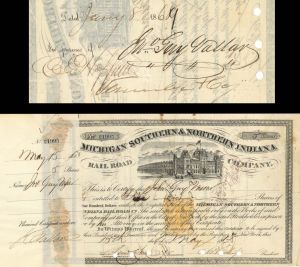 Michigan Southern and Northern Indiana Railroad Co. signed by John Guy Vassar - 1868/69 dated Autographed Stock Certificate