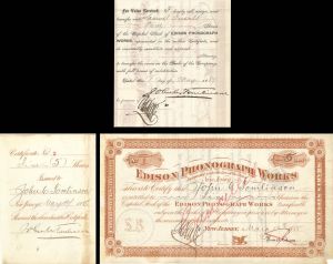 Edison Phonograph Works signed by Thos. A. Edison and Transferred to Samuel Insull - 1888 dated Autographed Stock Certificate