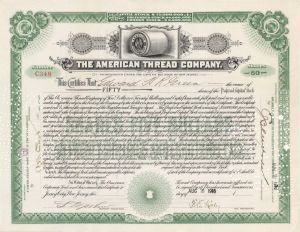 American Thread Co. Issued to Edward H.R. Green - Autographed Stocks and Bonds