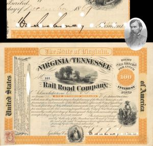 Virginia and Tennessee Railroad Co. signed by William Mahone - 1869 Autographed Stock Certificate
