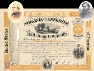 Virginia and Tennessee Railroad Co. signed by William Mahone - Issued to Andrew Johnson - 1869 Autographed Stock Certificate