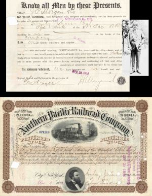Northern Pacific Railroad Co. with attached document signed by J.P. Morgan Jr. - 1882 and 1896 Autographed Stock Certificate