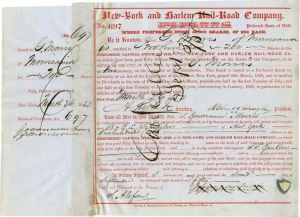 New-York and Harlem Rail-Road issued to and signed twice by Gouverneur Morris, Jr. - 1849 dated Autograph Railway Stock Certificate