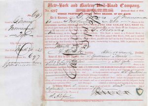 New-York and Harlem Rail-Road issued to and signed twice by Gouverneur Morris, Jr. and Robert Schuyler - 1850 dated Autograph Railway Stock Certificate