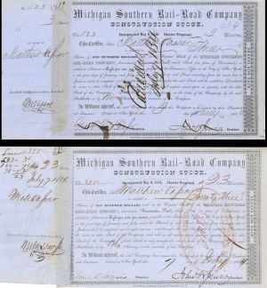 Pair of Michigan Southern Rail-Road signed by Matthew Vassar, Sr. and Jr. - 1854 dated Autographed Stock Certificates